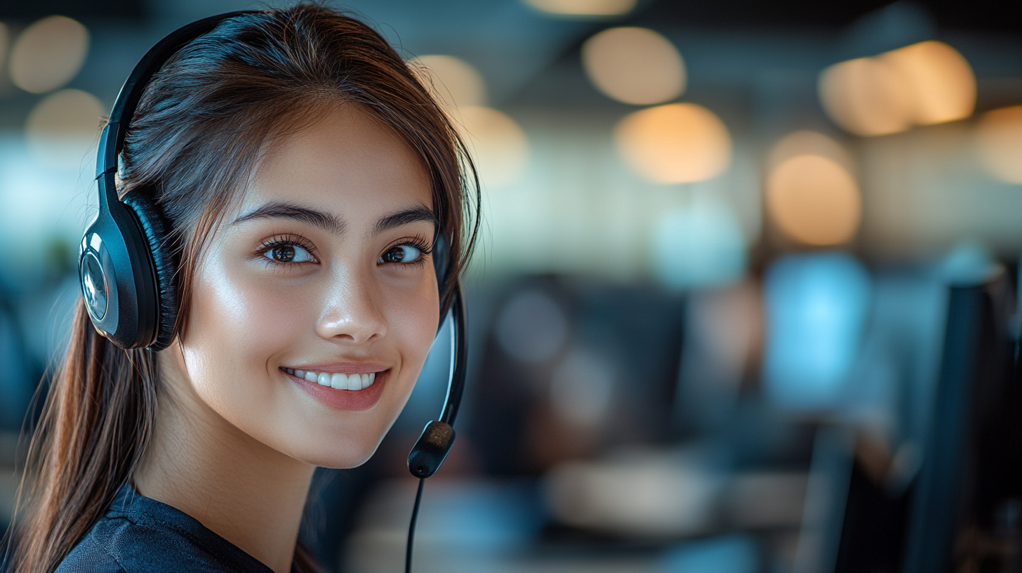 Confident Filipino customer service professional working in modern office environment