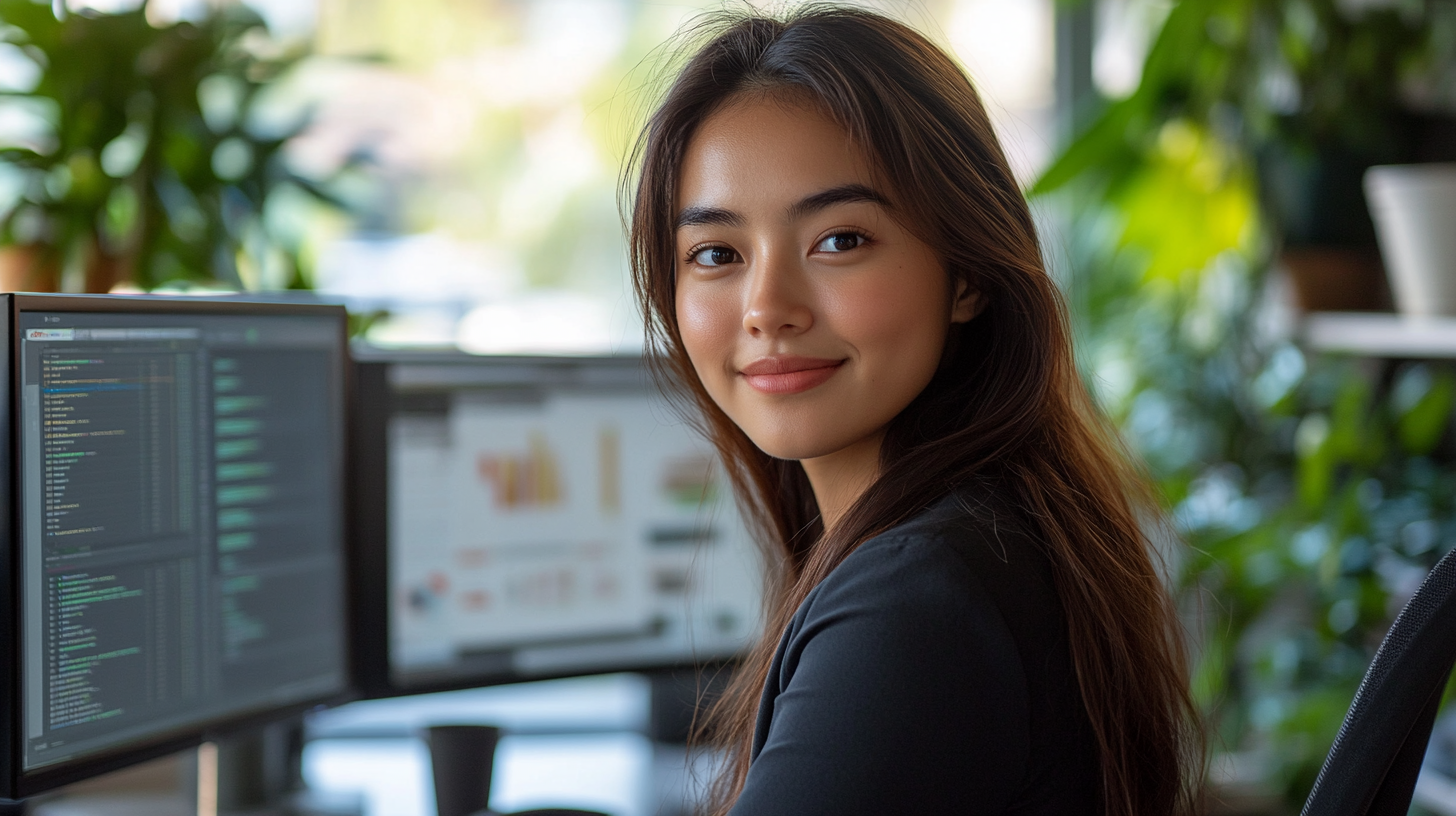 Young Filipino professional woman working at a clean modern desk with dual monitors, screens showing productivity software