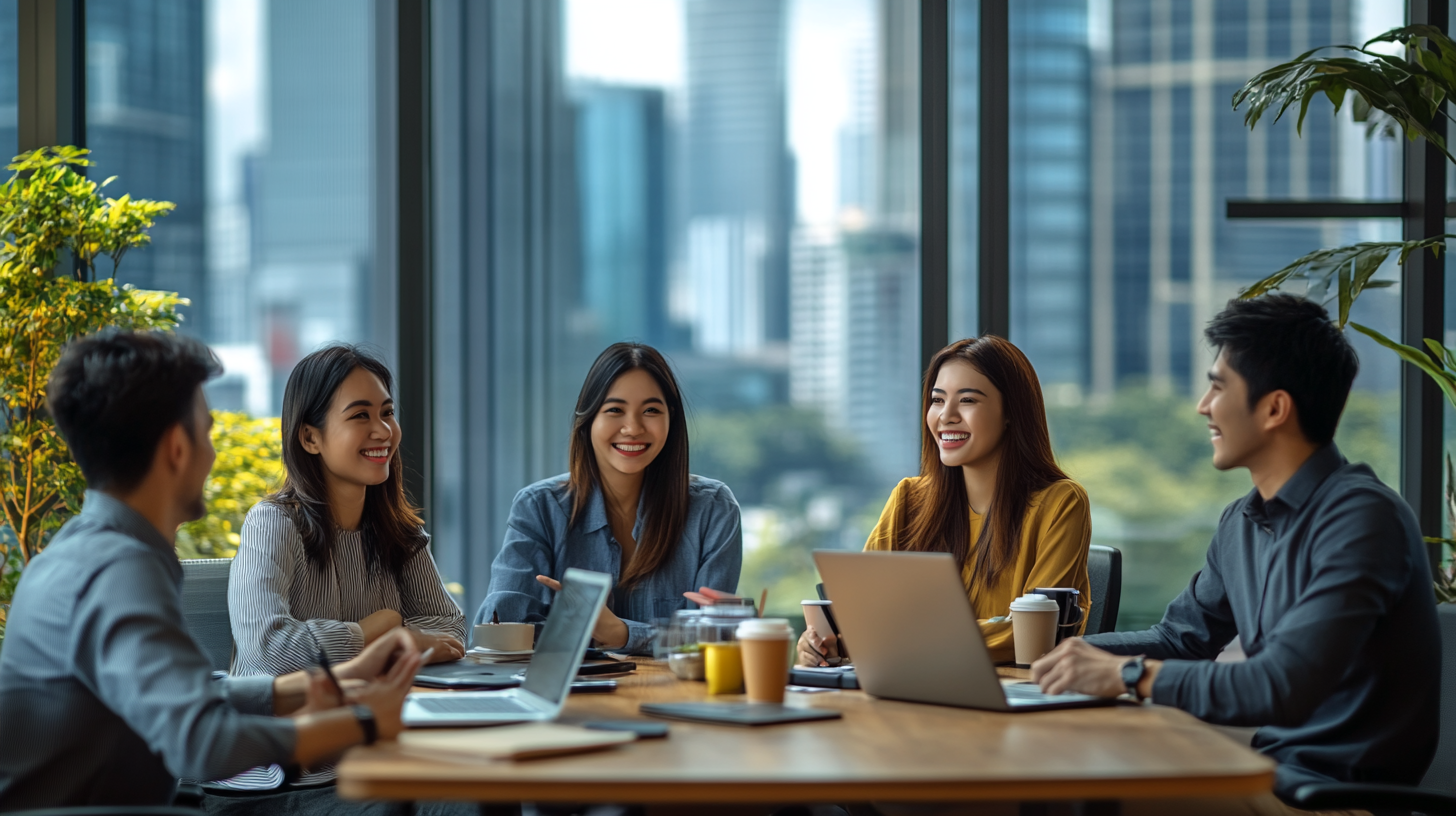 Diverse group of Filipino professionals in a bright modern coworking space having a collaborative meeting