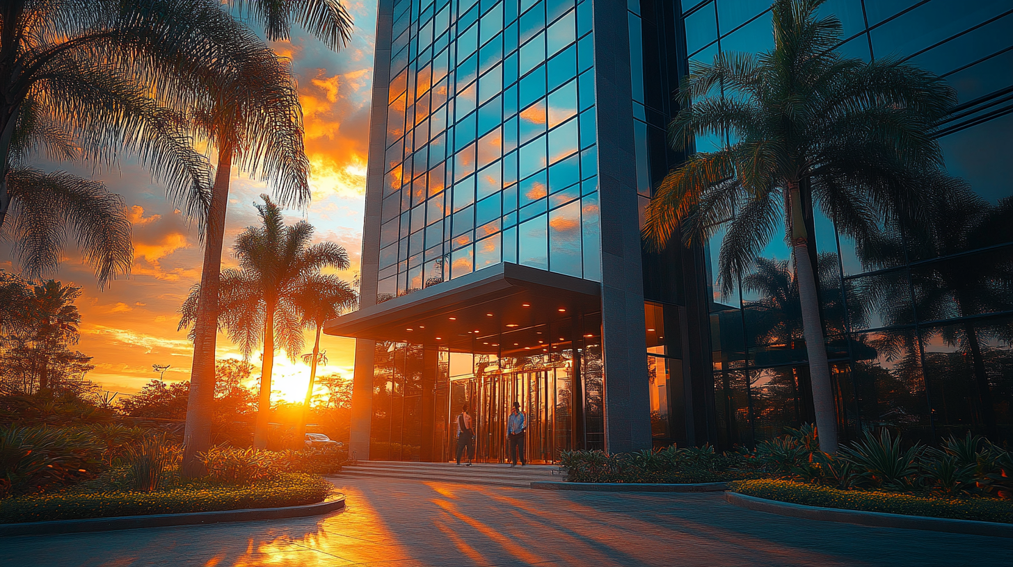 Modern corporate office building in Clark Philippines at golden hour, contemporary glass architecture